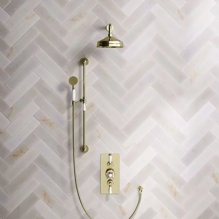 Linton Classic Dual Outlet Shower Kit - Concealed Valve - 8 inch Rose - White Ceramic Lever - Handshower Slider-Rail - Timeless Brass
