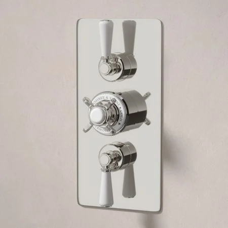 Linton Classic Dual Outlet Concealed Shower with Handheld Shower Hook, 500mm Wall Arm & 8" Rose - White Lever - Polished Nickel