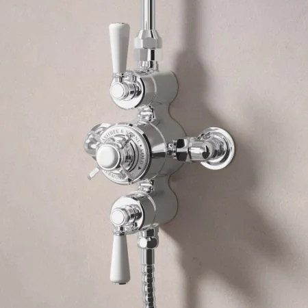 Linton Classic Dual Outlet Exposed Shower with Riser Mounted Handheld Shower & 8" Rose - White Lever - Chrome