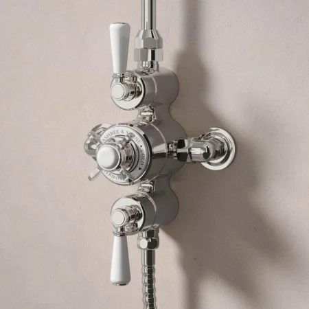 Linton Classic Dual Outlet Exposed Shower with Handheld Shower Hook & 6" Rose - White Lever - Polished Nickel