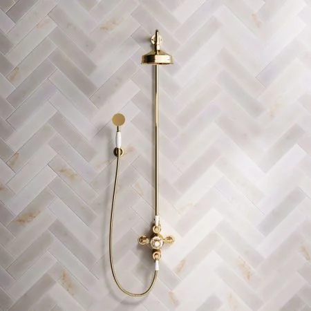 Linton Dual Outlet Shower Kit - Exposed Valve - 6 inch Rose - White Ceramic Lever - Handshower Hook - Living Brass