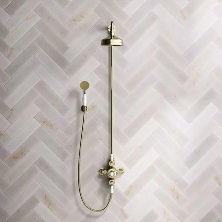 Linton Dual Outlet Shower Kit - Exposed Valve - 6 inch Rose - White Ceramic Lever - Handshower Hook - Timeless Brass