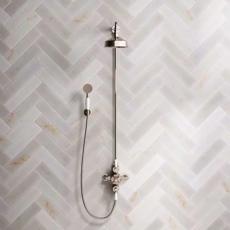 Linton Classic Dual Outlet Exposed Shower with Handshower Hook, 6" Rose and White Levers in Polished Nickel