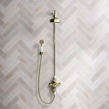 Linton Classic Dual Outlet Shower Kit - Exposed Valve - 6 inch Rose - White Ceramic Lever - Handshower Hook - Timeless Brass