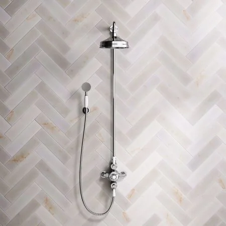 Linton Dual Outlet Exposed Shower with Handshower Hook, 8" Rose and White Levers in Chrome