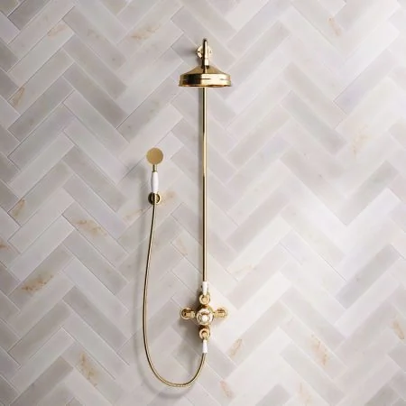 Linton Dual Outlet Shower Kit - Exposed Valve - 8 inch Rose - White Ceramic Lever - Handshower Hook - Living Brass