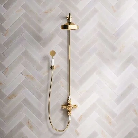 Linton Classic Dual Outlet Shower Kit - Exposed Valve - 8 inch Rose - White Ceramic Lever - Handshower Hook - Living Brass