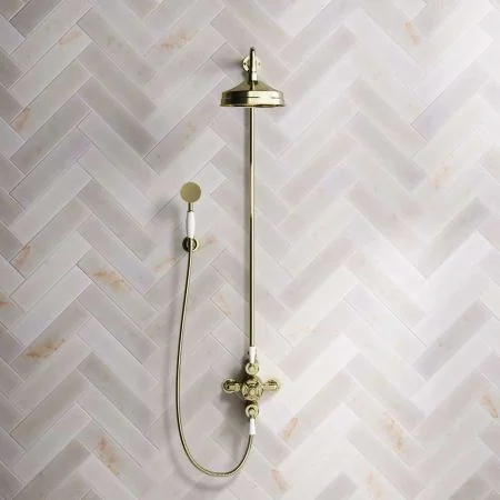 Linton Classic Dual Outlet Shower Kit - Exposed Valve - 8 inch Rose - White Ceramic Lever - Handshower Hook - Timeless Brass