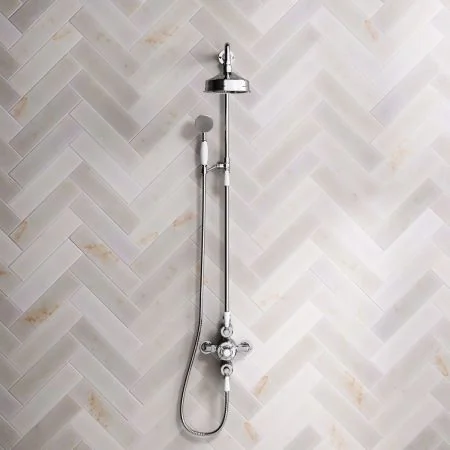 Linton Classic Dual Outlet Exposed Valve with Riser Mounted Handshower, 6" Rose & White Levers in Chrome