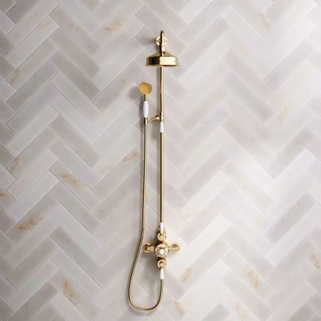 Linton Classic Dual Outlet Shower Kit - Exposed Valve - 6 inch Rose - White Ceramic Lever - Handshower Mounted on Riser-Rail - Living Brass