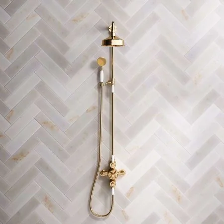 Linton Dual Outlet Shower Kit - Exposed Valve - 6 inch Rose - White Ceramic Lever - Handshower Mounted on Riser-Rail - Living Brass