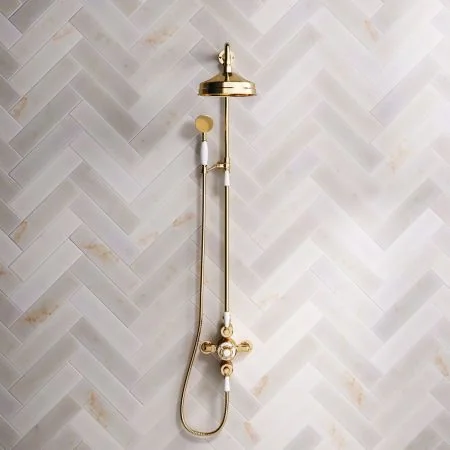 Linton Classic Dual Outlet Shower Kit - Exposed Valve - 8 inch Rose - White Ceramic Lever - Handshower Mounted on Riser-Rail - Living Brass