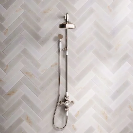 Linton Classic Dual Outlet Shower Kit - Exposed Valve - 8 inch Rose - White Ceramic Lever - Handshower Mounted on Riser-Rail - Timeless Brass