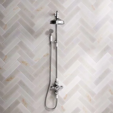 Linton Dual Outlet Exposed Valve with Riser Mounted Handshower, 8" Rose & White Levers in Chrome