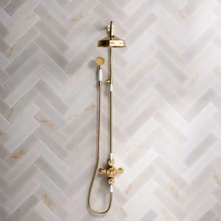 Linton Dual Outlet Shower Kit - Exposed Valve - 8 inch Rose - White Ceramic Lever - Handshower Mounted on Riser-Rail - Living Brass