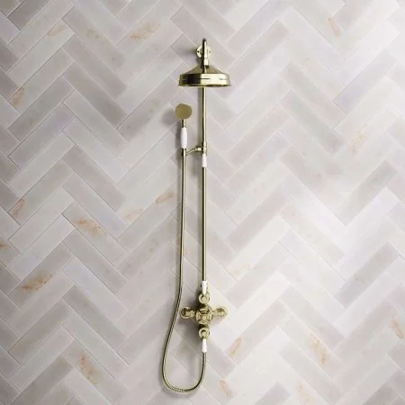 Linton Dual Outlet Shower Kit - Exposed Valve - 8 inch Rose - White Ceramic Lever - Handshower Mounted on Riser-Rail - Timeless Brass