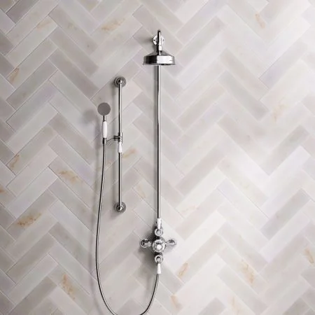 Linton Classic Dual Outlet Exposed Valve with Slider Rail, 6" Rose & White Levers in Chrome