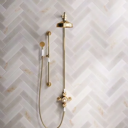 Linton Classic Dual Outlet Shower Kit - Exposed Valve - 8 inch Rose - White Ceramic Lever - Handshower Slider-Rail - Living Brass