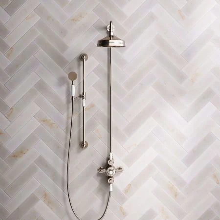 Linton Classic Dual Outlet Exposed Valve with Slider Rail, 8" Rose & White Levers in Polished Nickel