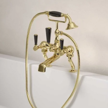 Linton Deck Mounted 2 Hole Bath Shower Mixer - Black Lever - Timeless Brass