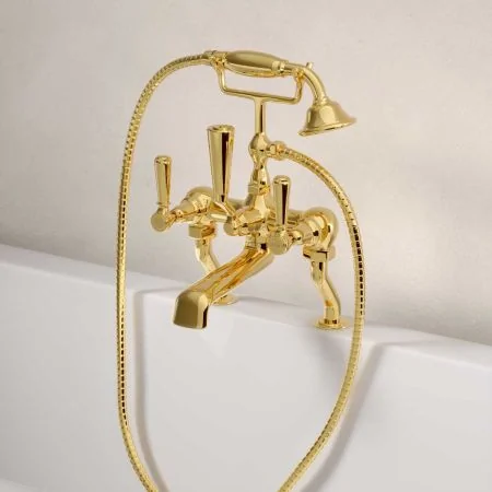 Linton Deck Mounted 2 Hole Bath Shower Mixer - Metal Lever - Living Brass
