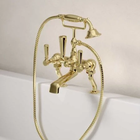 Linton Deck Mounted 2 Hole Bath Shower Mixer - Metal Lever - Timeless Brass