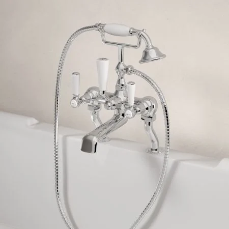 Linton Classic Deck Mounted Bath Shower Mixer with White Levers in Chrome