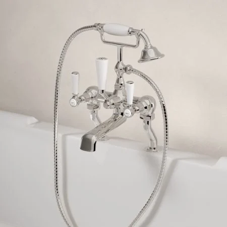 Linton Classic Deck Mounted Bath Shower Mixer with White Levers in Polished Nickel