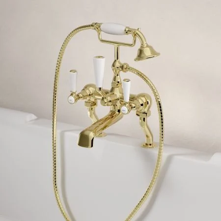 Linton Classic Deck Mounted Bath Shower Mixer with White Levers in Timeless Brass