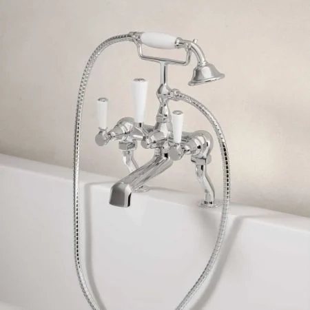Linton Deck Mounted 2 Hole Bath Shower Mixer - White Lever - Chrome
