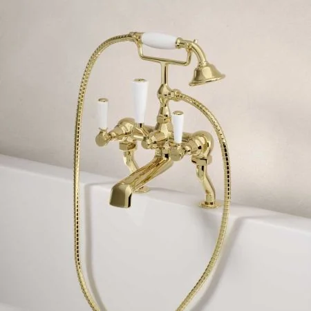 Linton Deck Mounted 2 Hole Bath Shower Mixer - White Lever - Timeless Brass