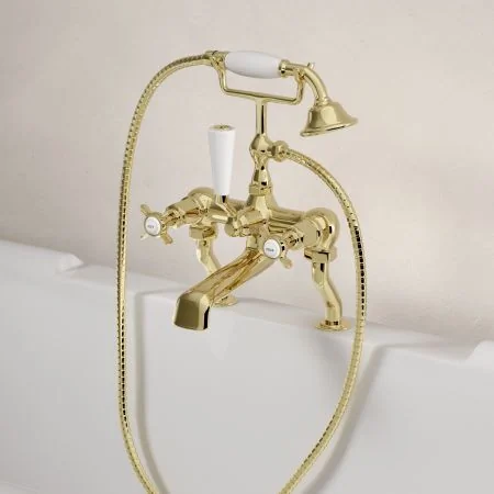 Linton Classic Deck Mounted Bath Shower Mixer with Crossheads in Timeless Brass