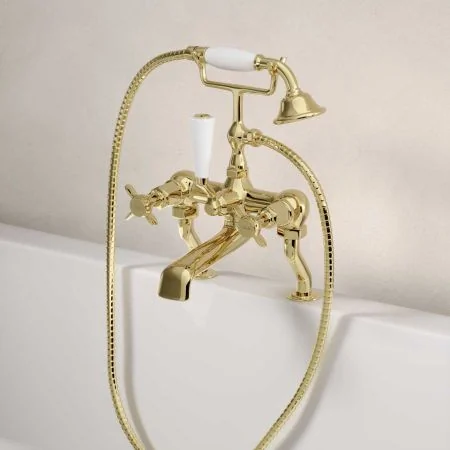 Linton Deck Mounted 2 Hole Bath Shower Mixer - Crosshead - Timeless Brass