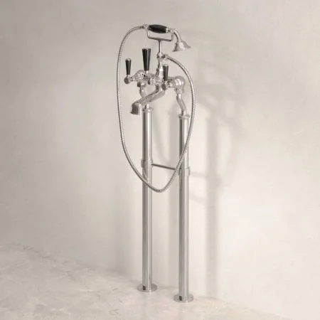 Linton Floor Mounted 2 Hole Bath Shower Mixer with 725mm Standpipes - Black Lever - Polished Nickel