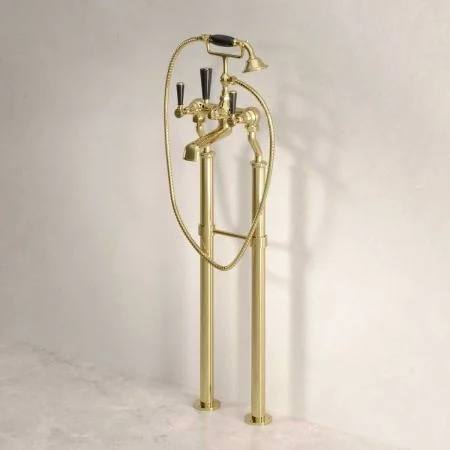 Linton Floor Mounted 2 Hole Bath Shower Mixer with 620mm Standpipes - Black Lever - Timeless Brass
