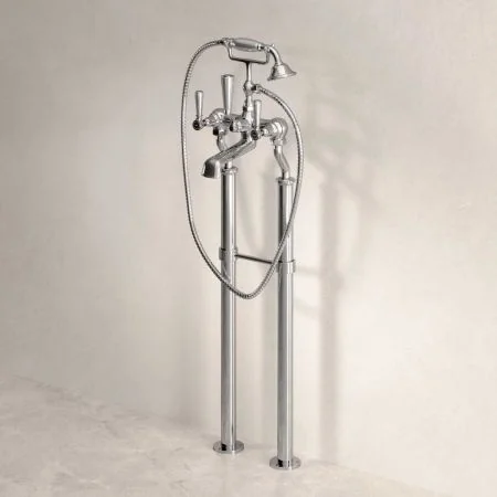 Linton Floor Mounted 2 Hole Bath Shower Mixer with 620mm Standpipes - Metal Lever - Chrome
