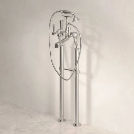 Linton Floor Mounted 2 Hole Bath Shower Mixer with 620mm Standpipes - Metal Lever - Polished Nickel