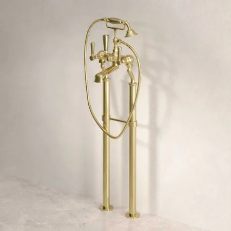 Linton Floor Mounted 2 Hole Bath Shower Mixer with 620mm Standpipes - Metal Lever - Timeless Brass