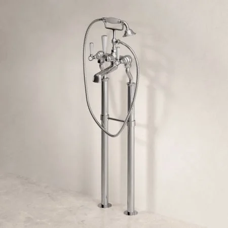 Linton Classic Floor Mounted Bath Shower Mixer with 620mm Standpipes & White Levers in Chrome