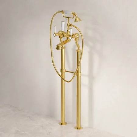 Linton Classic Floor Mounted Bath Shower Mixer with White Levers in Living Brass
