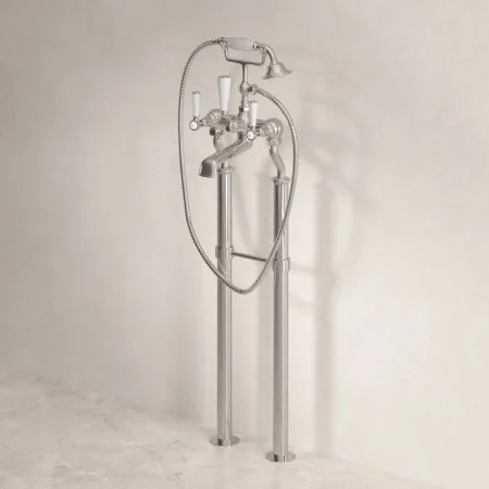 Linton Classic Floor Mounted Bath Shower Mixer with 620mm Standpipes & White Levers in Polished Nickel
