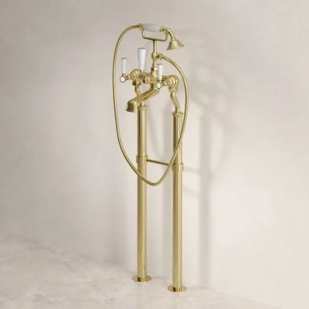 Linton Classic Floor Mounted Bath Shower Mixer with 725mm Standpipes & White Levers in Timeless Brass