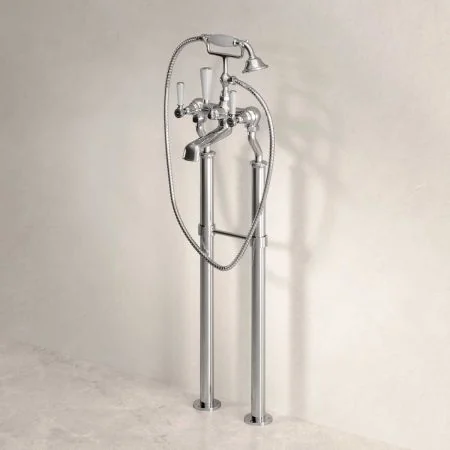Linton Floor Mounted 2 Hole Bath Shower Mixer with 620mm Standpipes - White Lever - Chrome