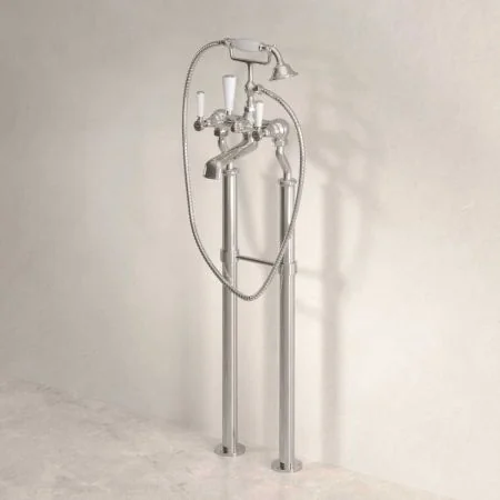 Linton Floor Mounted 2 Hole Bath Shower Mixer with 725mm Standpipes - White Lever - Polished Nickel