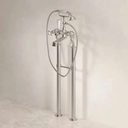 Linton Classic Floor Mounted Bath Shower Mixer with 620mm Standpipes & Crosshead in Polished Nickel