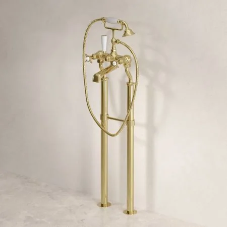 Linton Classic Floor Mounted Bath Shower Mixer with 620mm Standpipes & Crosshead in Timeless Brass