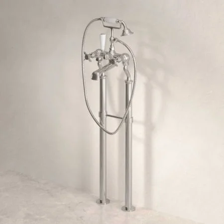 Linton Floor Mounted 2 Hole Bath Shower Mixer with 620mm Standpipes - Crosshead - Polished Nickel
