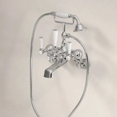 Linton Classic 2 Hole Bath Shower Mixer with White Levers in Chrome