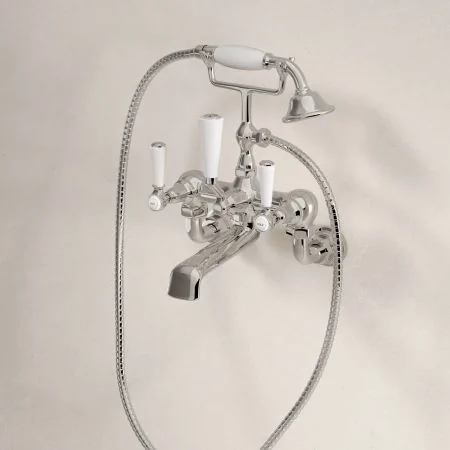 Linton Classic 2 Hole Bath Shower Mixer with White Levers in Polished Nickel