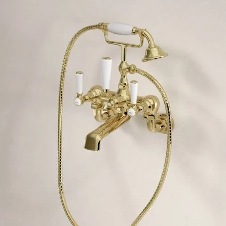 Linton Classic 2 Hole Bath Shower Mixer with White Levers in Timeless Brass